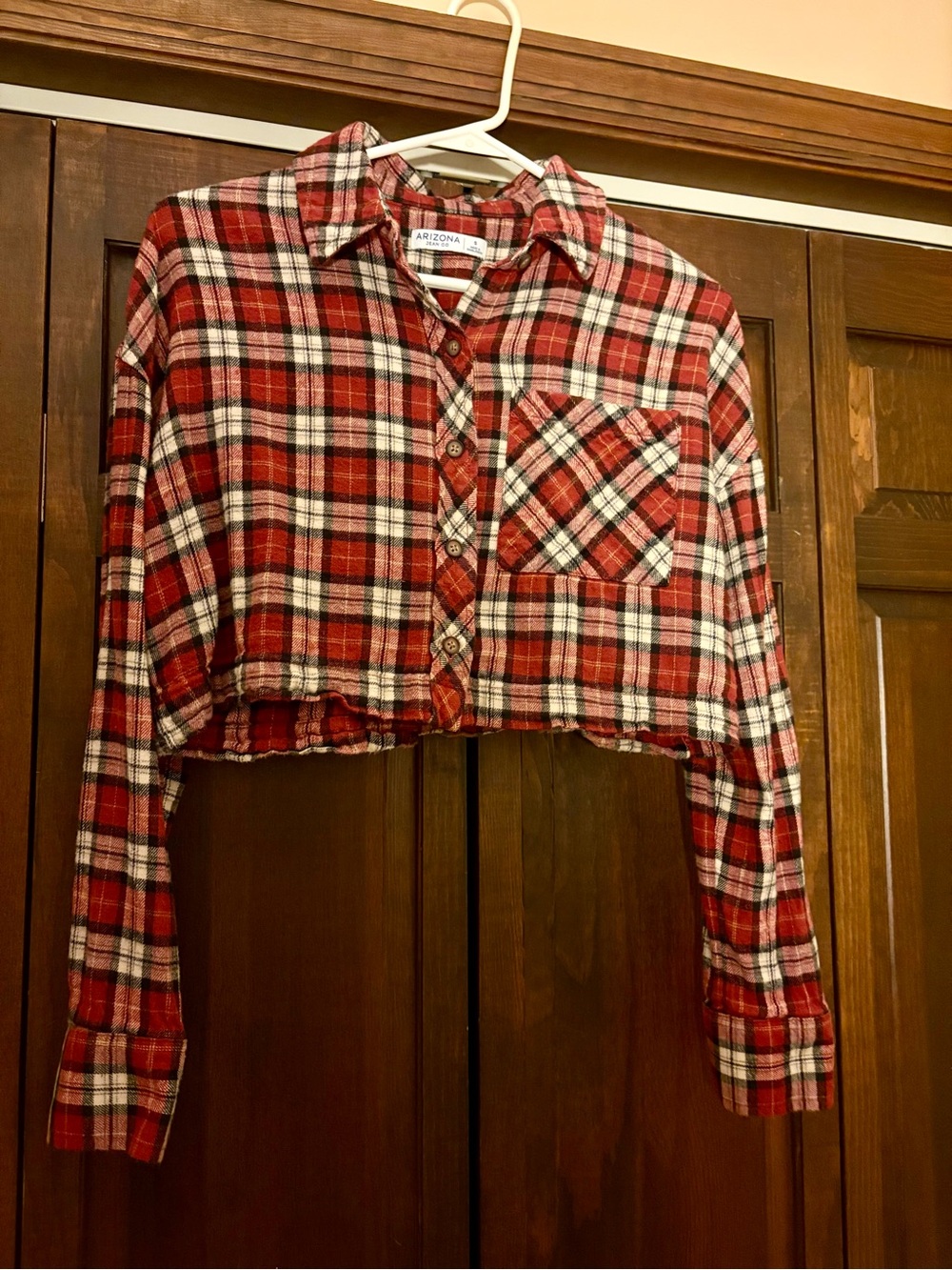 Arizona Jean Company Red & White Plaid Cropped Button-Up Shirt Long Sleeve